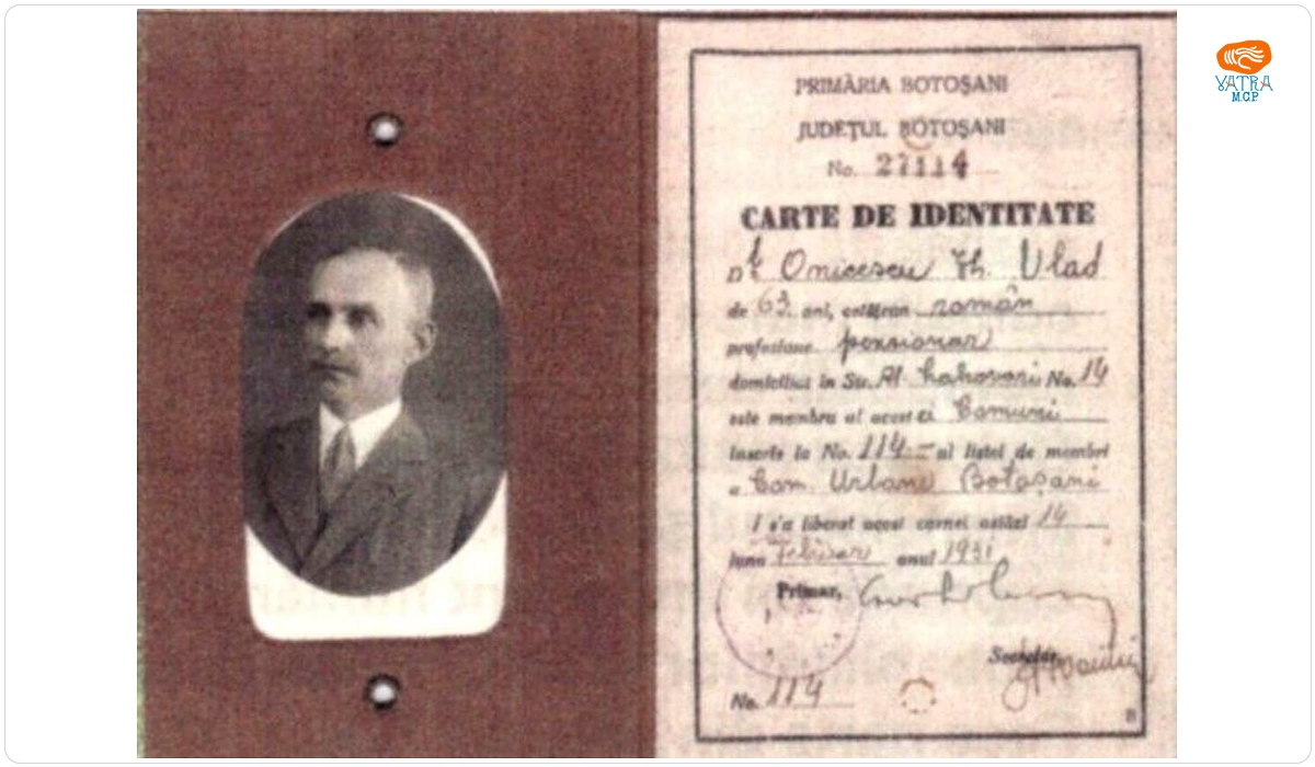 Carnet de identitate care a aparținut lui Vlad Gh. Onicescu, tatăl matematicianului Octav Onicescu