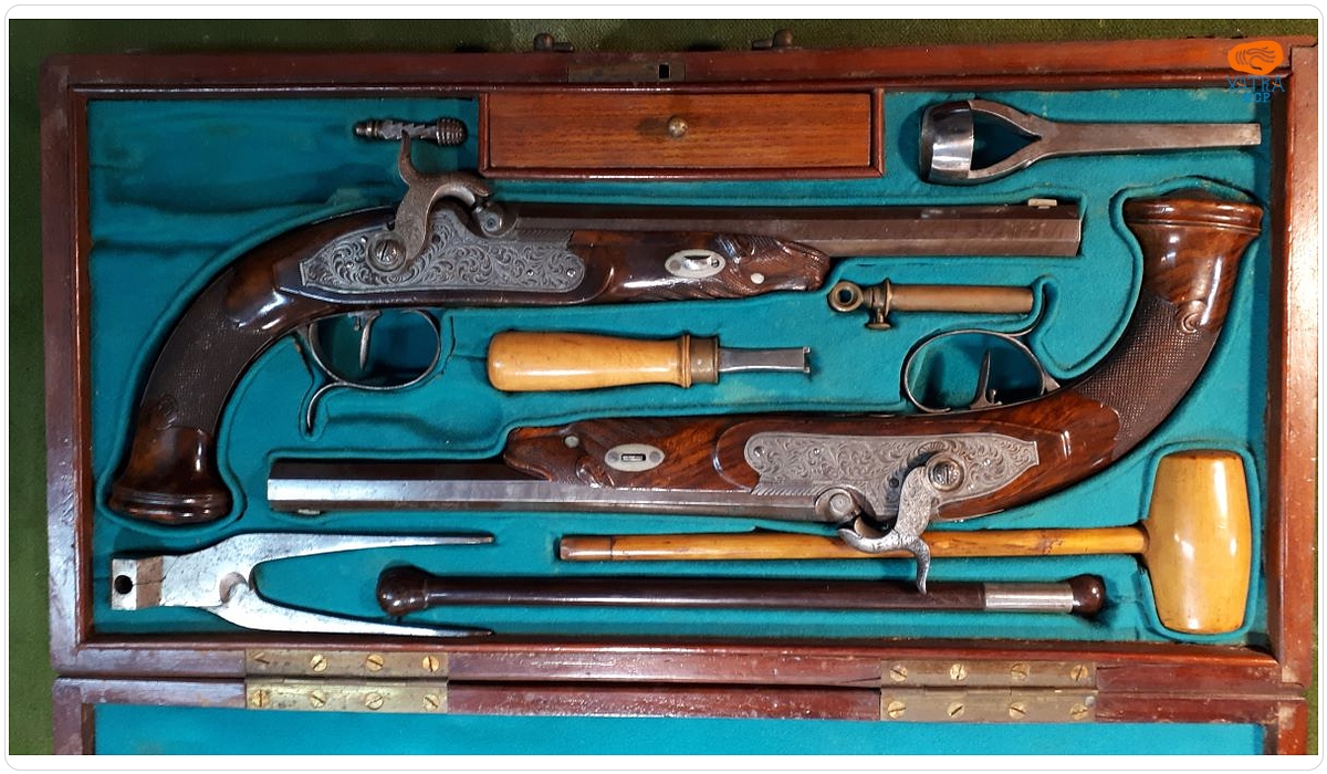 Francois Prelat — Caseta lemn cu 2 pistoale de tir/duel si accesorii