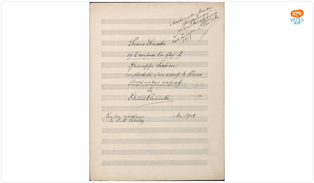Prima Sonată op. 2 compusă la 1747 de Giuseppe Tartini, complectată c’un acompaniament de Piano după un bas necifrat