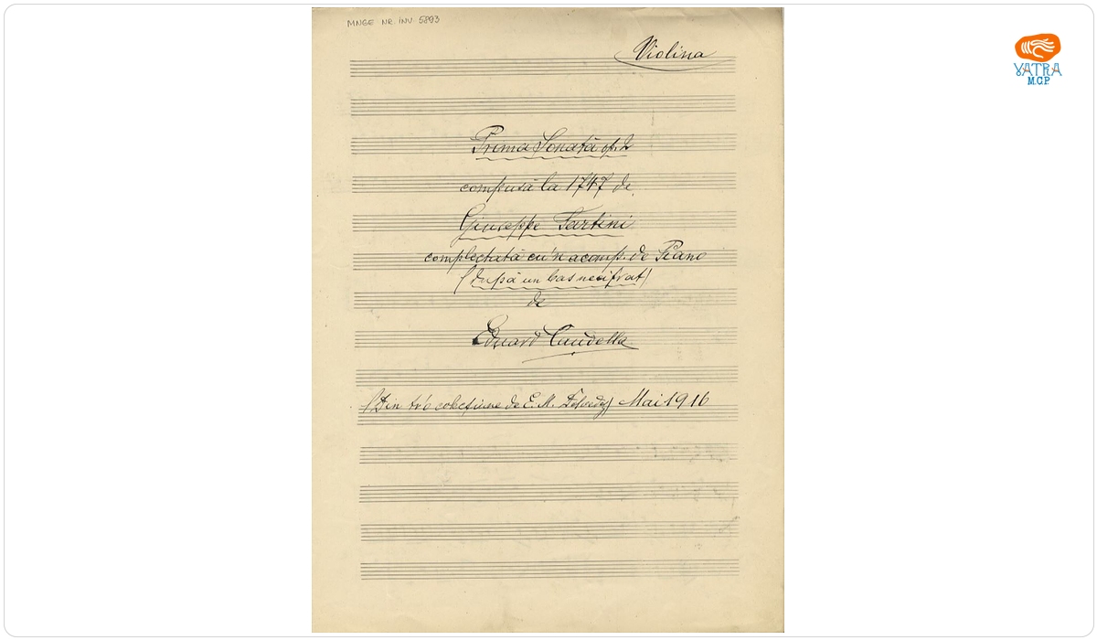 Prima Sonată op. 2 compusă la 1747 de Giuseppe Tartini, complectată c’un acompaniament de Piano după un bas necifrat. Violina