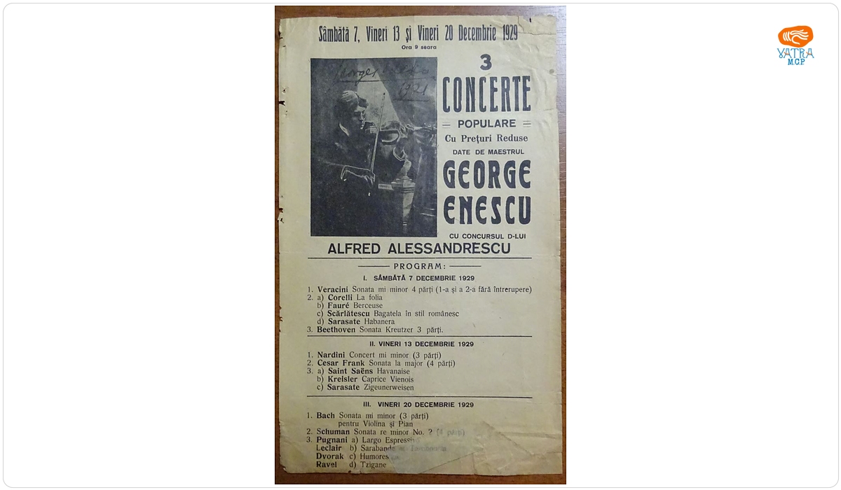 Afiș al celor trei concerte populare susținute de George Enescu și Alfred Alessandrescu, 7, 13, 20 decembrie 1929
