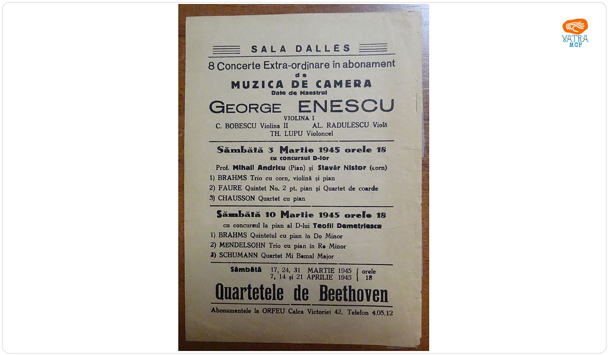 Afiș al celor 8 concerte extraordinare de muzică de cameră susținute de George Enescu, martie-aprilie 1945, Sala Dalles, București