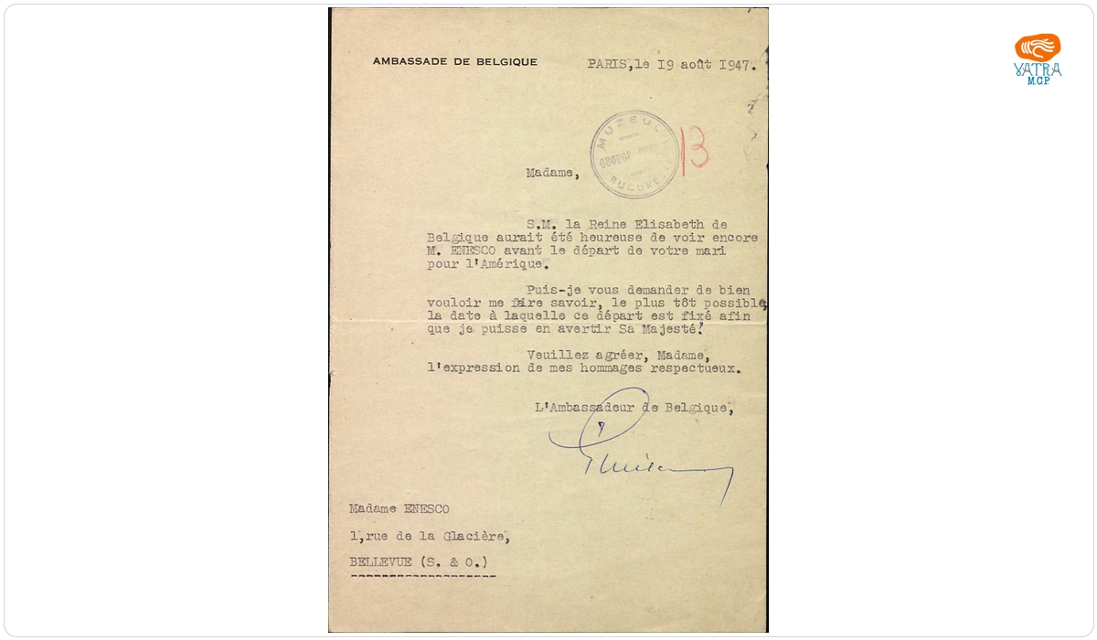 Ambasadorul Belgiei la Paris către Maria Cantacuzino Enescu
