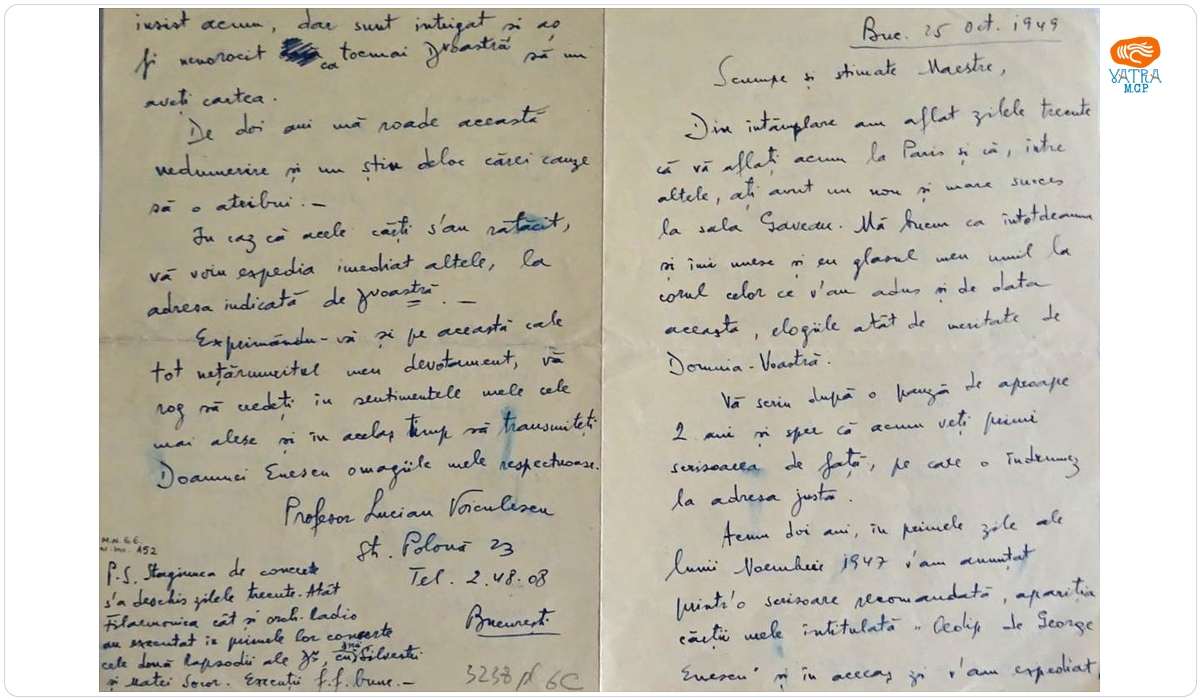 Scrisoare adresată de către Lucian Voiculescu lui George Enescu, București, 25 octombrie 1949