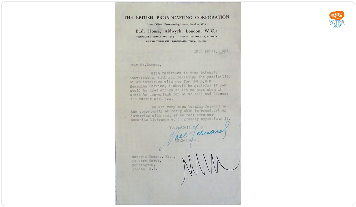 Scrisoare adresată de către Noel Bernard lui George Enescu, Londra, 10 aprilie 1951