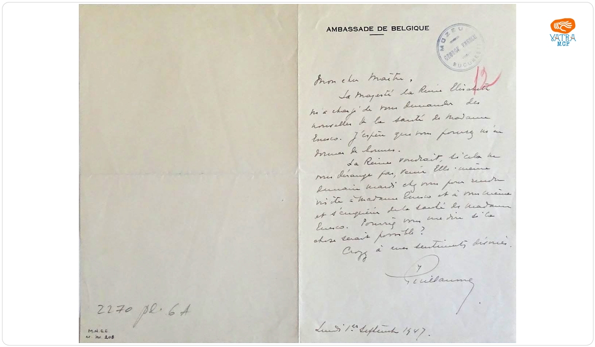 Scrisoare adresată de către ambasadorul Belgiei în Franța lui George Enescu, Paris, 1 septembrie 1947