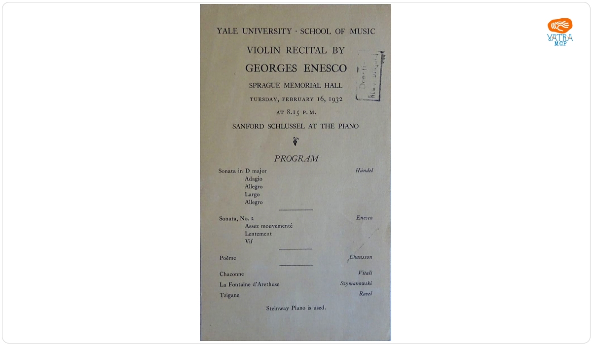 Afiș al recitalului susținut de George Enescu și Sandford Schlüssel la Sprague Memorial Hall