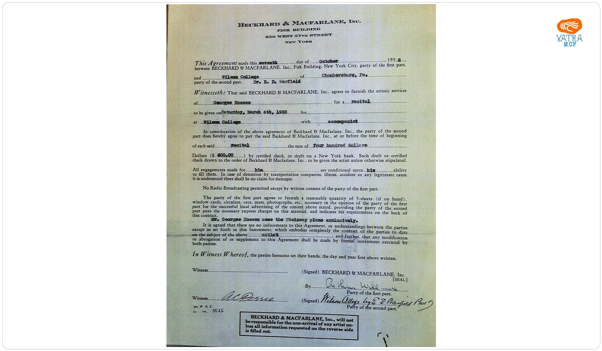 Contract încheiat între Agenția de Impresariat „Beckhard and Macfarlane” și „Wilson College”