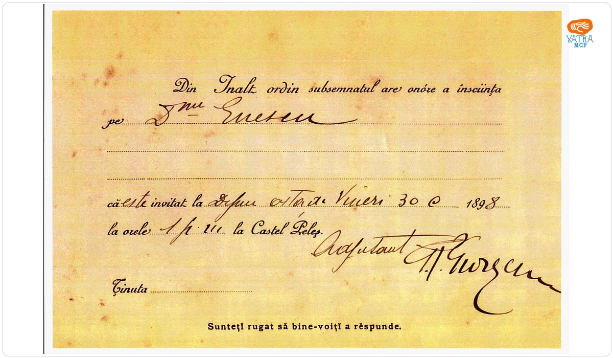 Invitație adresată compozitorului George Enescu pentru a participa la un dejun la Castelul Peleș, Sinaia, 1898