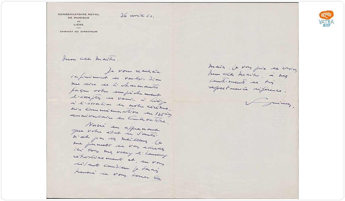 Scrisoare trimisă de către directorul Conservatorului Regal din Liège lui George Enescu