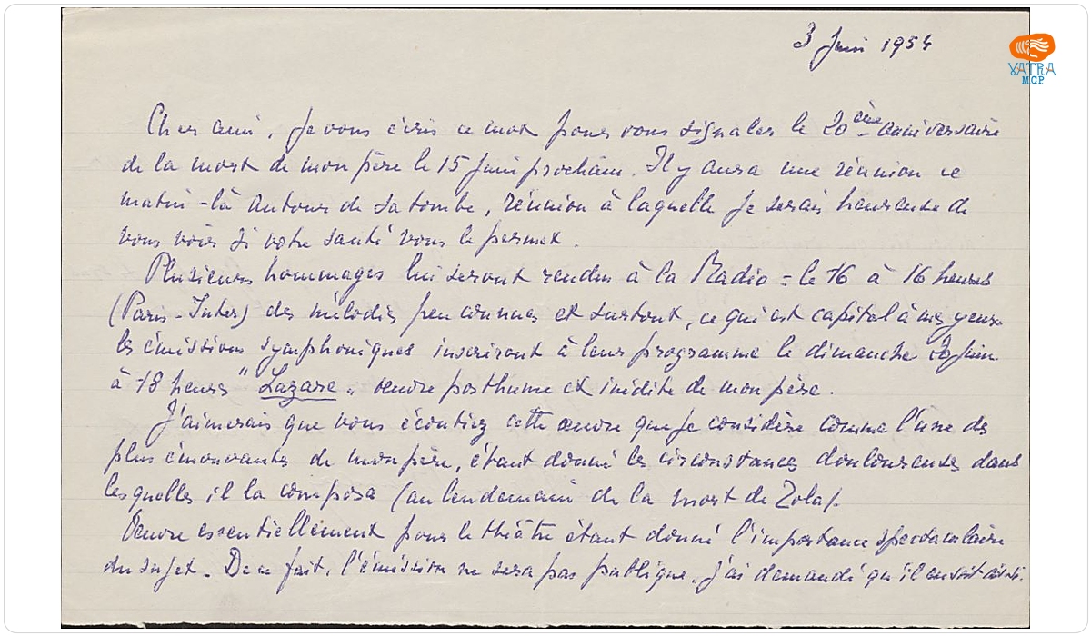 Scrisoare trimisă de Suzanne Peaux-Bruneau lui George Enescu