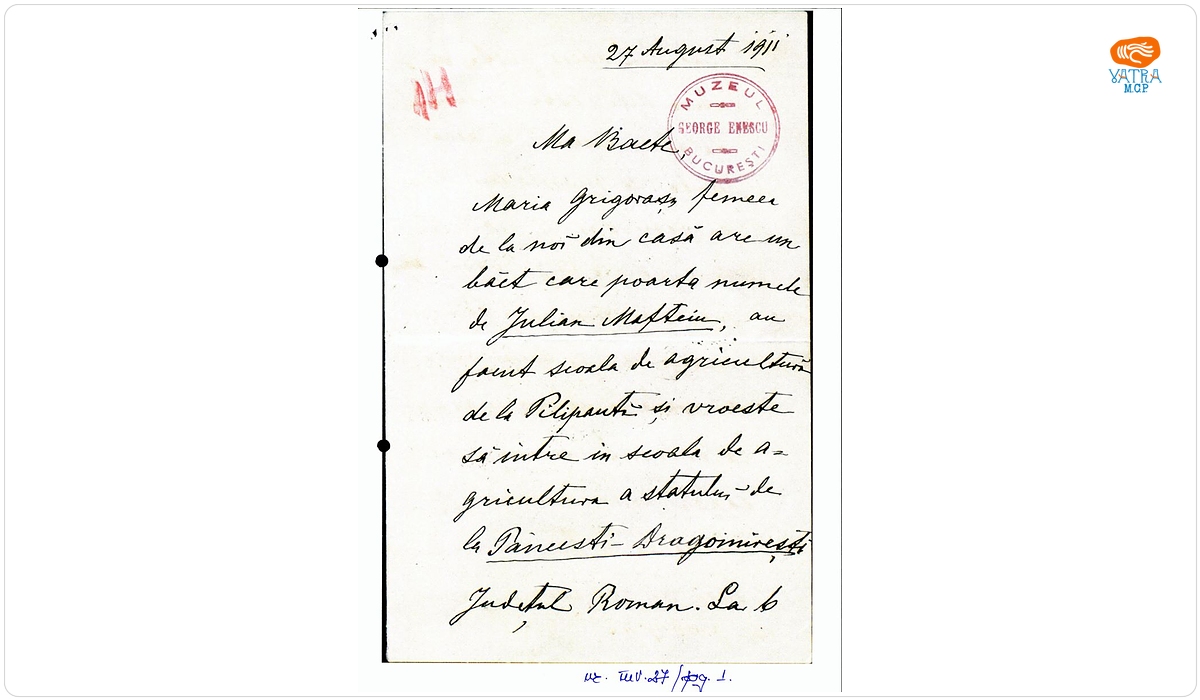 Scrisoare trimisă de Costache Enescu fiului său George Enescu