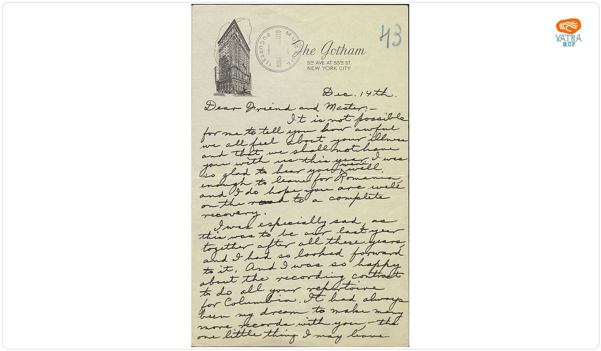 Scrisoare trimisă compozitorului George Enescu de către pianistul american Sanford Schlüssel