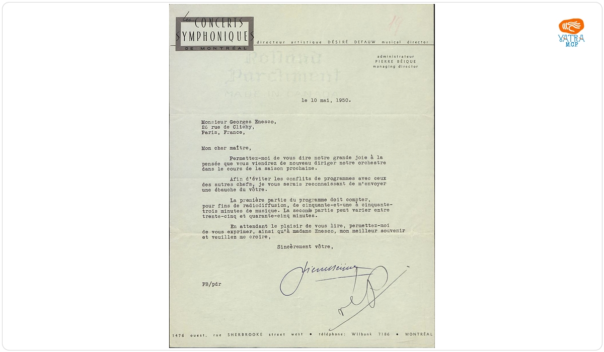 Scrisoare trimisă compozitorului George Enescu de către Pierre Béique, administrator al Societății „Les Concerts Symphoniques de Montreal‟