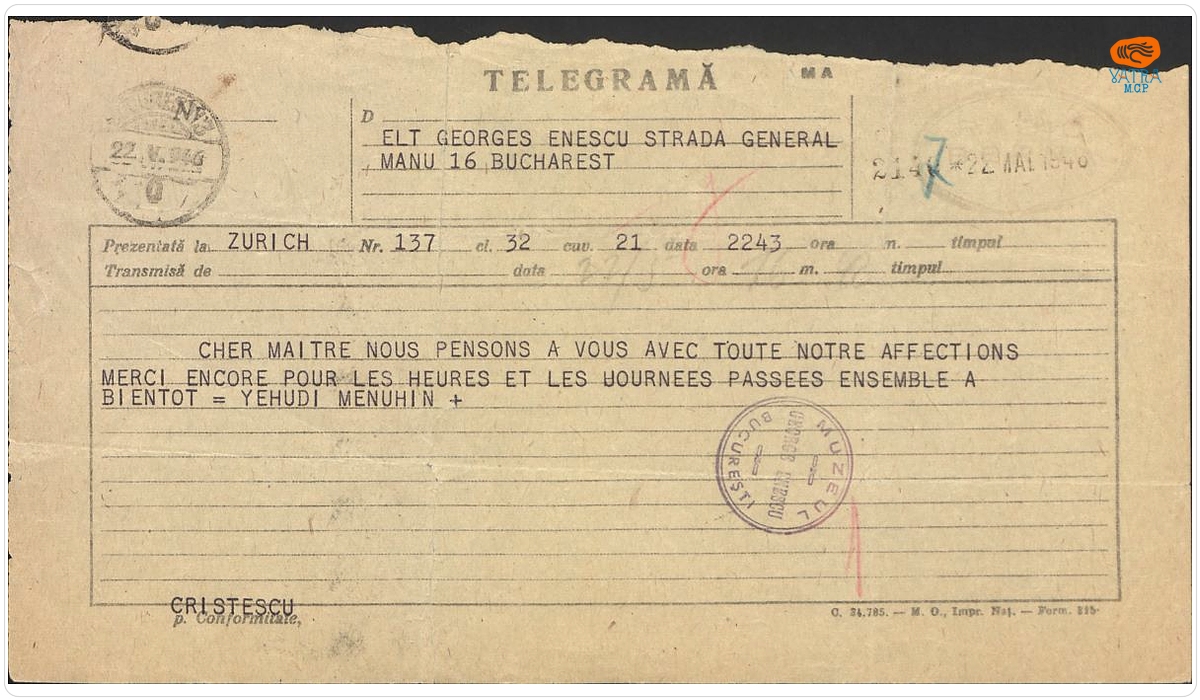 Telegramă trimisă compozitorului George Enescu de către violonistul și dirijorul Yehudi Menuhin
