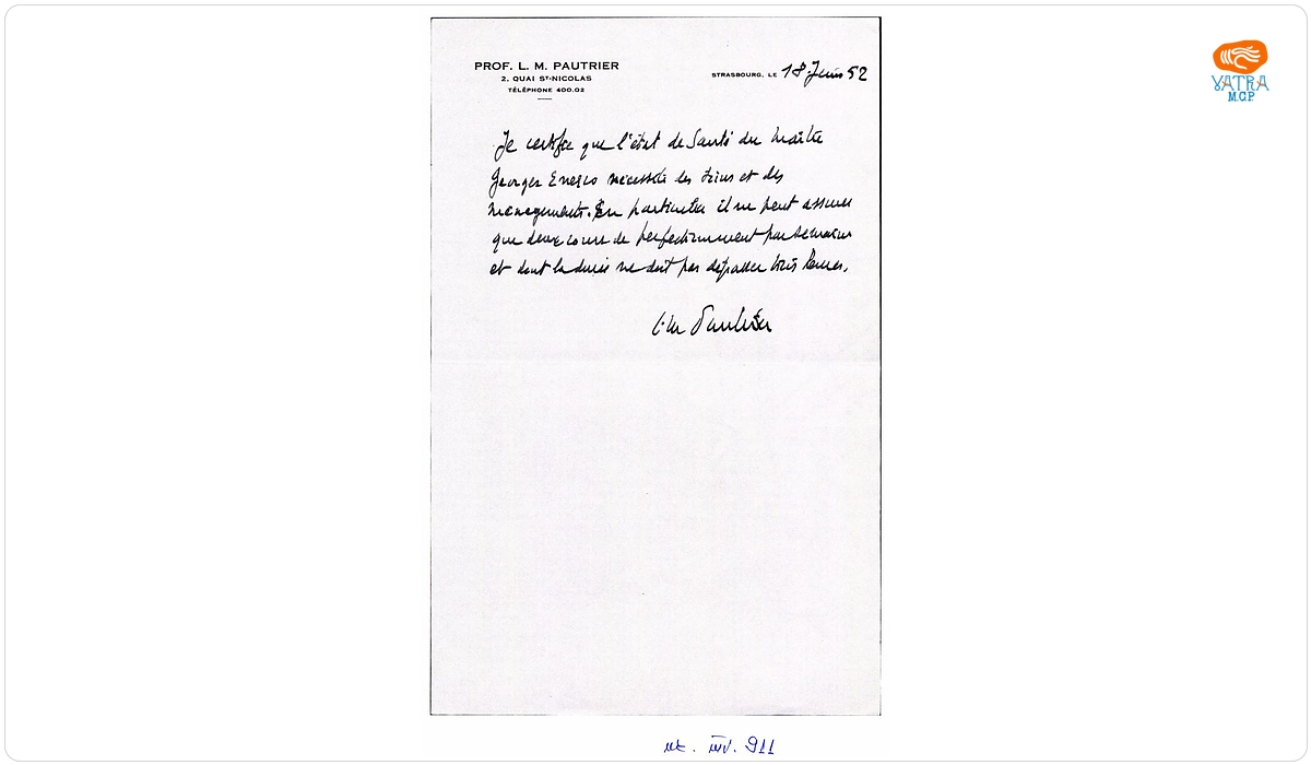 Scrisoare medicală emisă de Profesor (dr.) L.M. Pautrier prin care certifică starea de sănătate a lui George Enescu