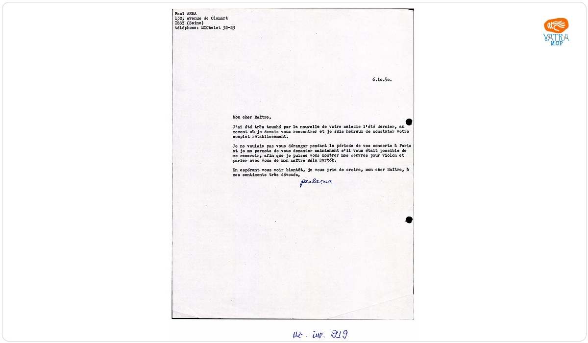 Scrisoare trimisă de Paul Arma lui George Enescu