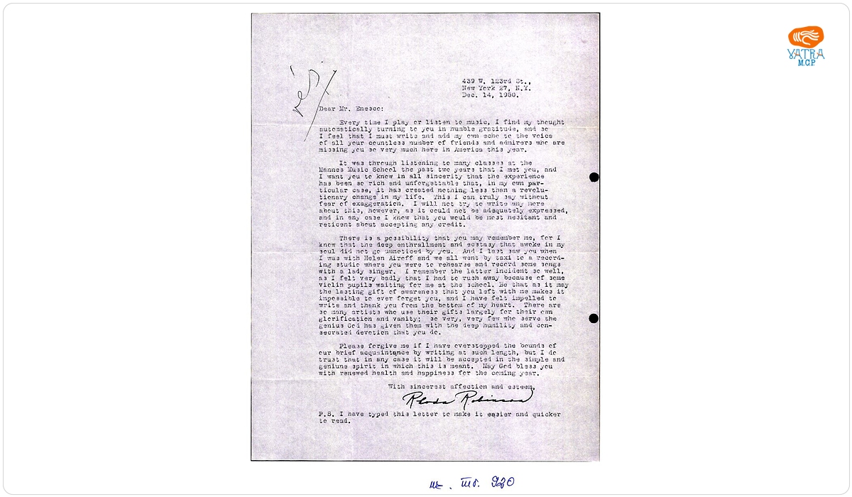 Rhoda Robinson — Scrisoare trimisă de Rhoda Robinson lui George Enescu