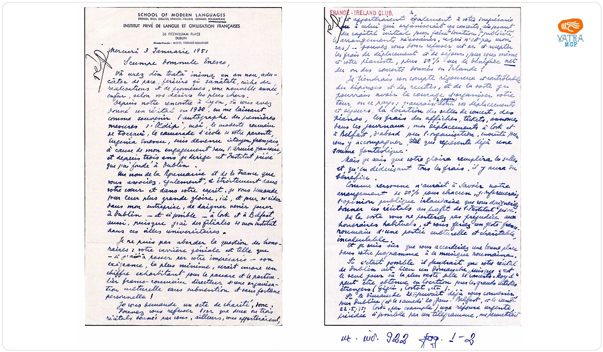 Scrisoare trimisă de Mihail Steriade (Boissenot) lui George Enescu