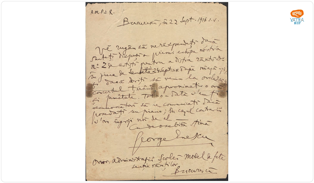 Scrisoare adresată de George Enescu Administrației Școlii Model de Fete, Secția Răniților, București