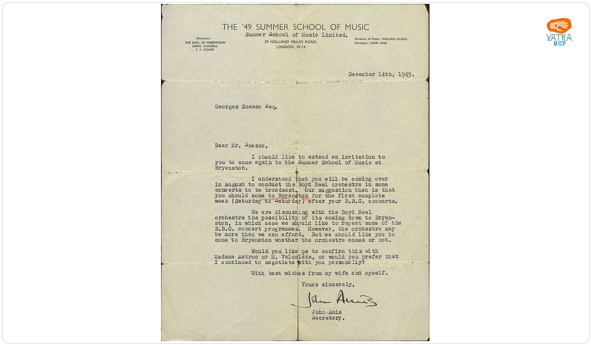 Scrisoare adresată lui George Enescu de către John Amis, secretar al Societății „The ’49 Summer School of Music‟
