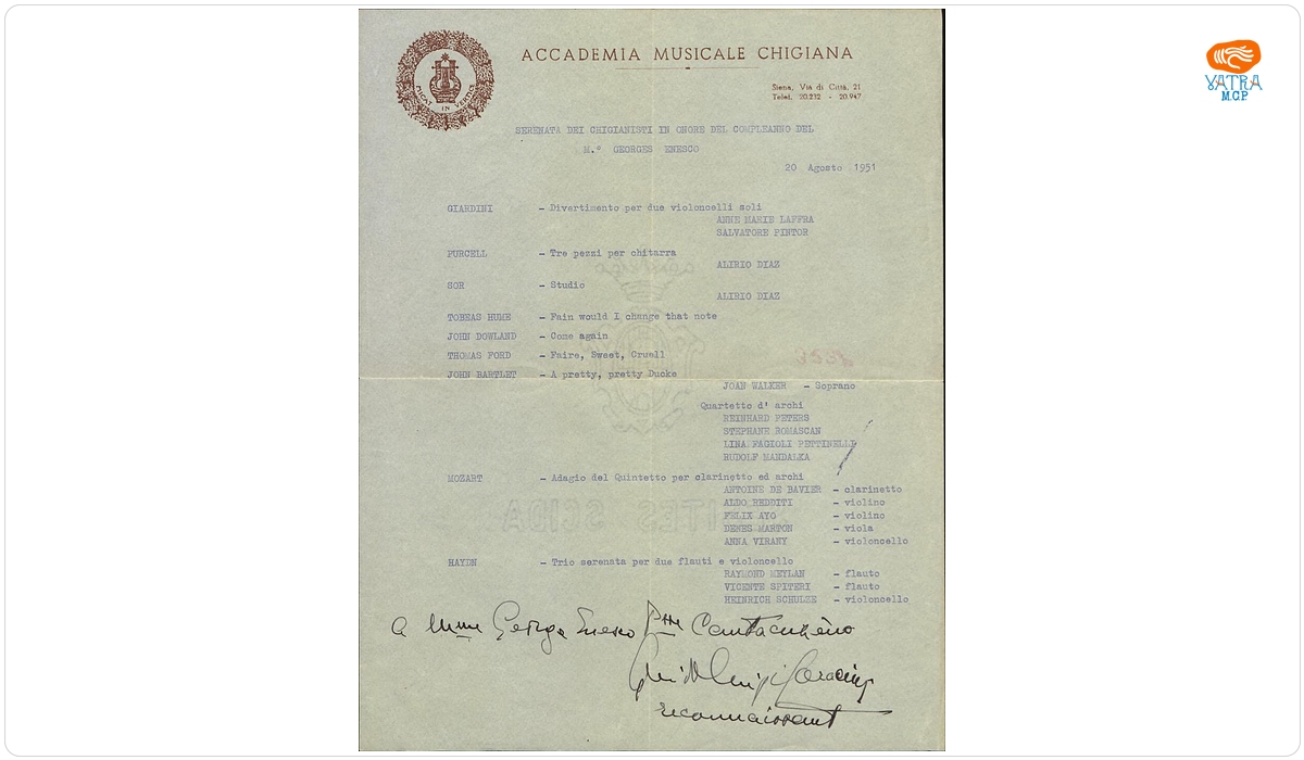 Scrisoare adresată Mariei Cantacuzino-Enescu de către contele Guido Chigi-Saracini
