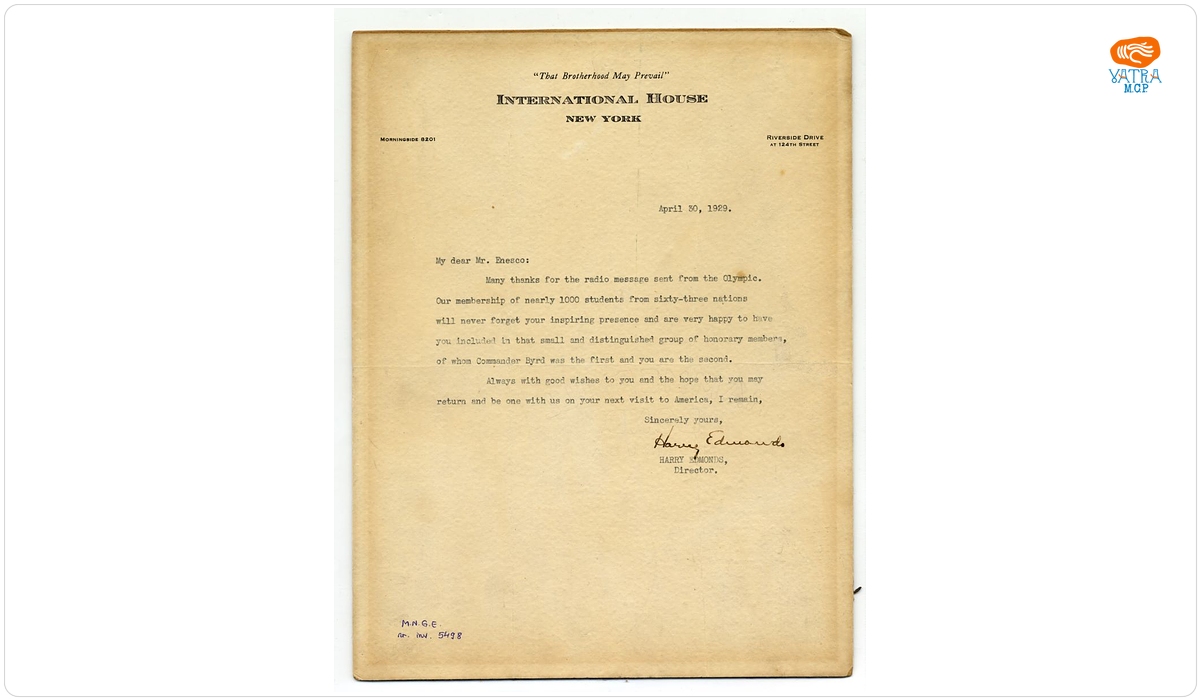 Scrisoare trimisă lui George Enescu de către Harry Edmonds, director al Societății „International House‟, New York