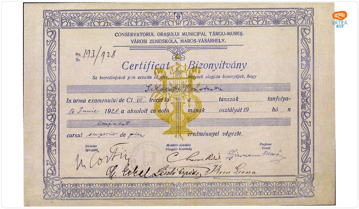 Certificat de absolvire a Conservatorului orașului municipal din Târgu-Mureș, eliberat pe numele lui Constantin Silvestri