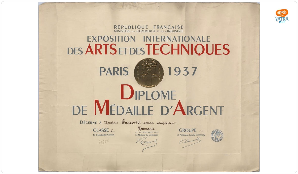 Diplomă și medalie de argint decernate compozitorului George Enacovici la „Exposition Internationale des Arts et des Techniques Paris 1937”