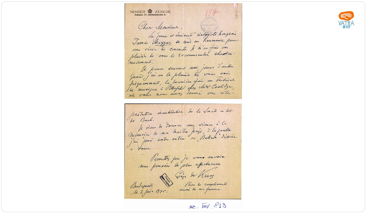 Scrisoare trimisă de Geza Kresz lui George Enescu