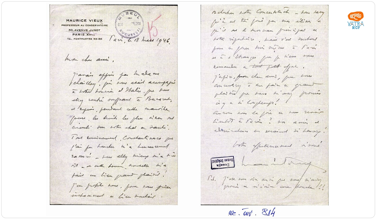 Scrisoare trimisă de Maurice Vieux lui George Enescu