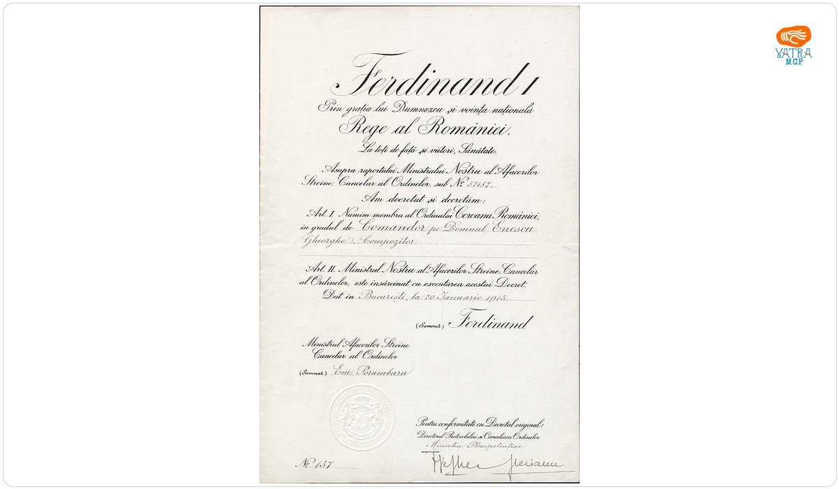 Brevet semnat de regele Ferdinand de numire a maestrului George Enescu ca membru al Ordinului „Coroana României” în grad de Comandor