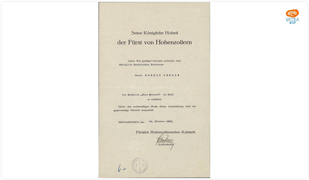 Brevet medalie „Bene Merenti” pentru George Enescu la data de 16 octombrie 1933