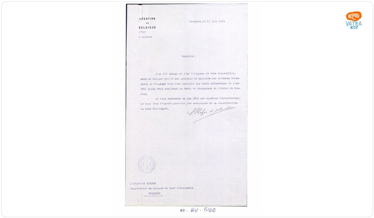 Scrisoare oficială a Legației Belgiei din București către George Enescu