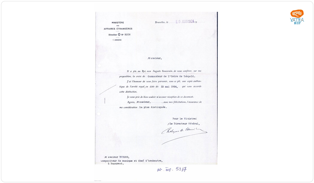 Scrisoare oficială trimisă de Ministerul Afacerilor Externe din Belgia lui George Enescu