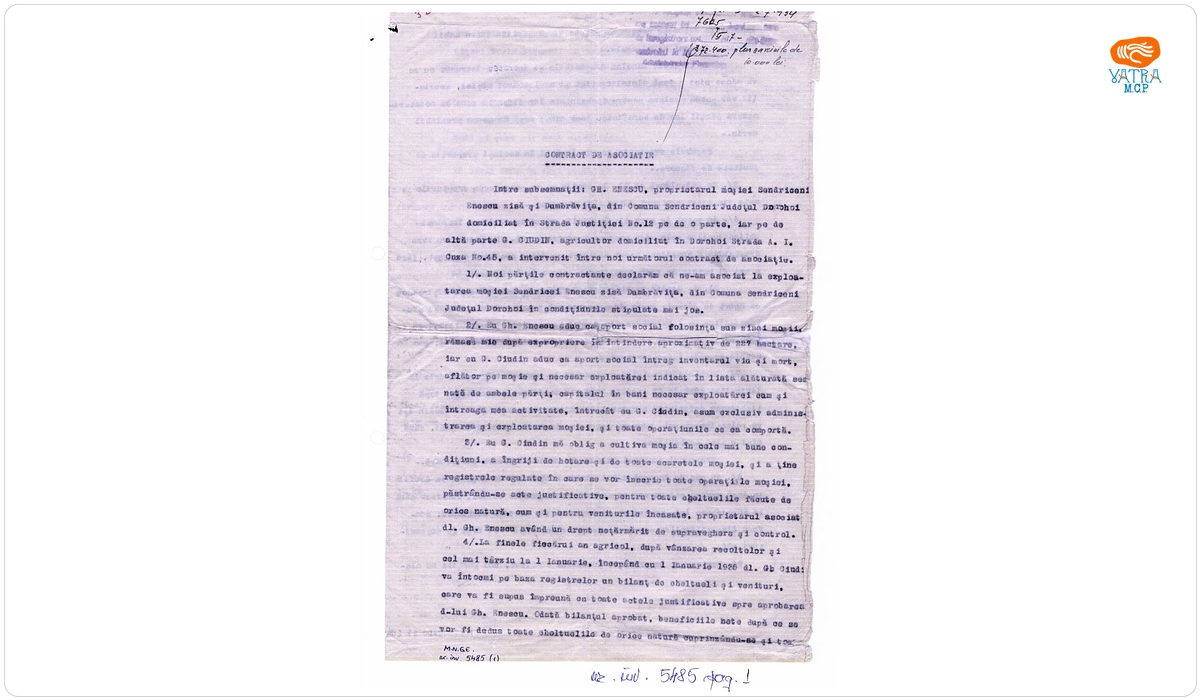 Contract de asociație încheiat între George Enescu și G. Ciudin privind moșia din Șendreni