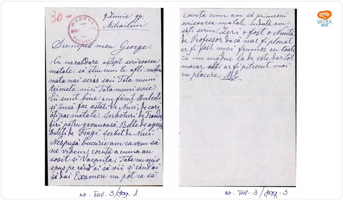 Scrisoare de trimisă de Maria Enescu fiului ei George Enescu, la Paris unde urma Conservatorul