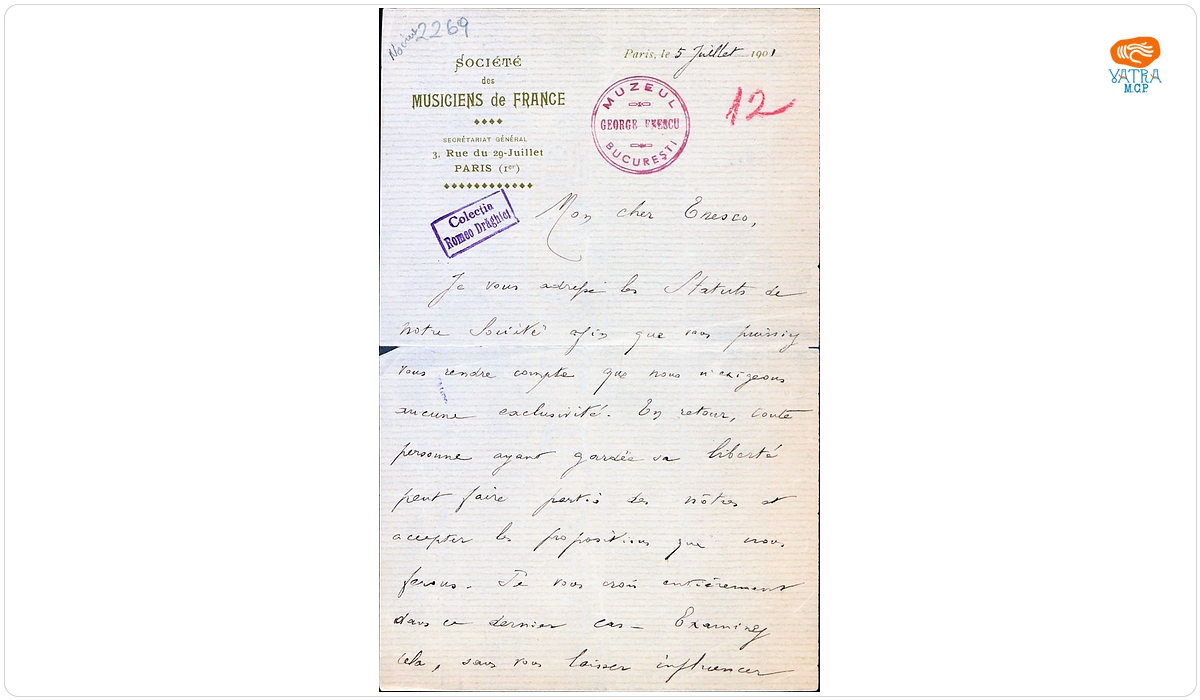 Scrisoare adresată compozitorului George Enescu de către Arthur Eugène Dandelot, secretarul general al Societății Muzicienilor din Franța, Paris, 5 iulie 1901