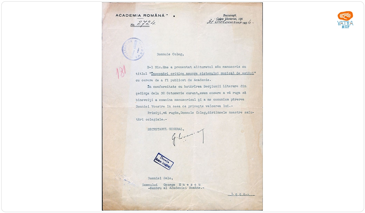 Adresa oficială nr. 2724/31 octombrie 1936, trimisă compozitorului George Enescu de către Gheorghe Țițeica, secretar general al Academiei Române, București, 31 octombrie 1936