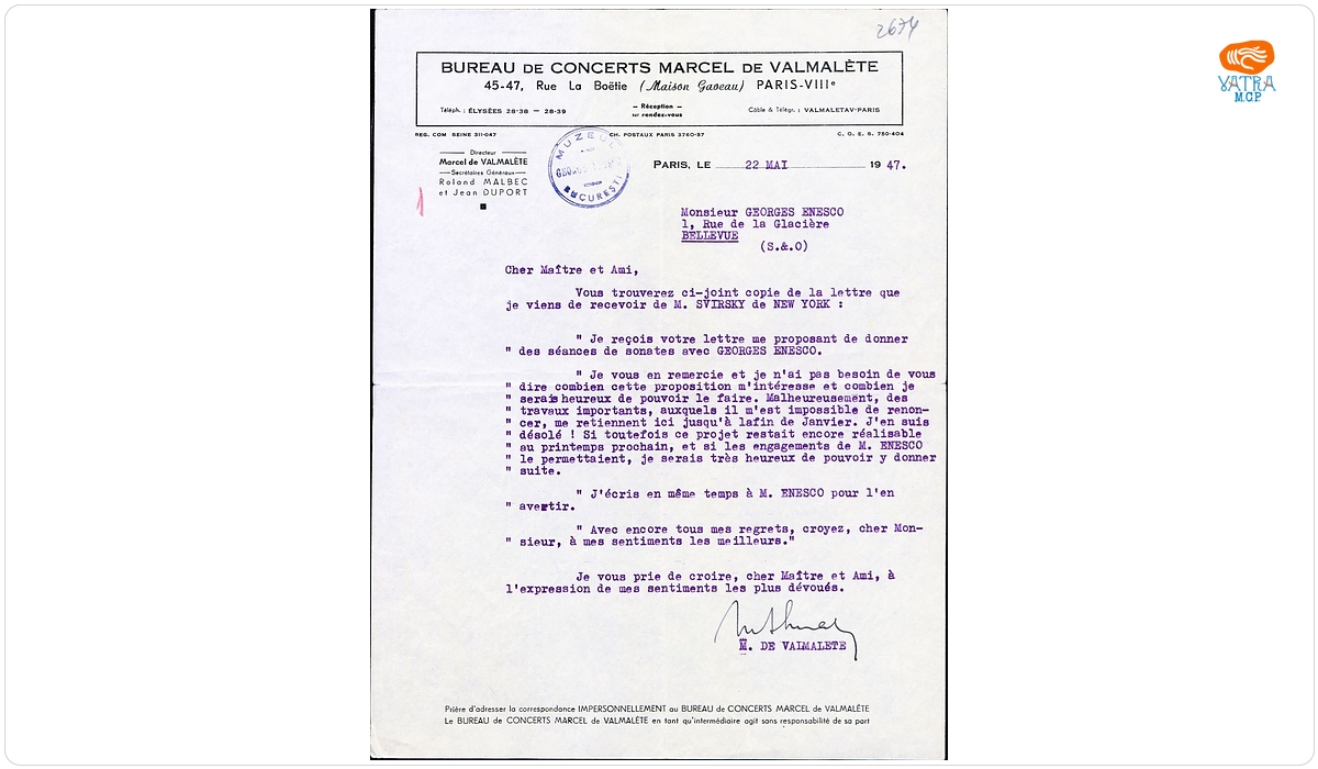 Scrisoare adresată compozitorului George Enescu de către Marcel de Valmalète, directorul Biroului de Concerte „Marcel de Valmalète‟, Paris, 22 mai 1947