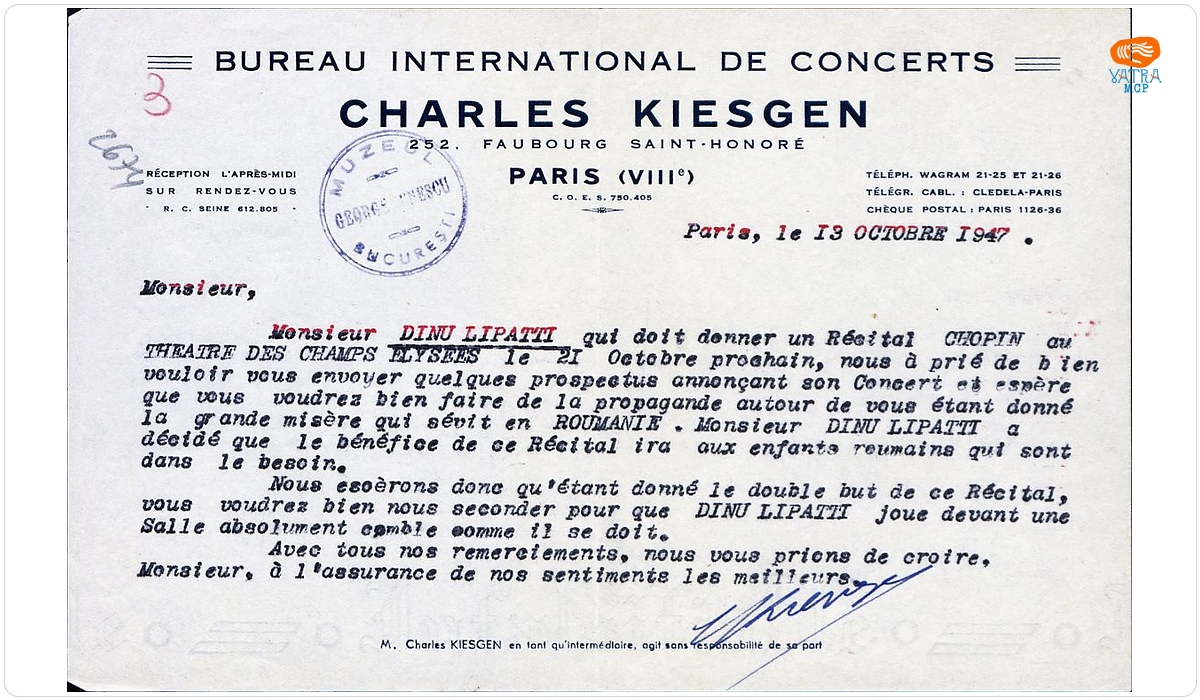 Scrisoare adresată compozitorului George Enescu de către Charles Kiesgen, directorul Biroului Internațional de Concerte „Charles Kiesgen‟, Paris, 13 octombrie 1947