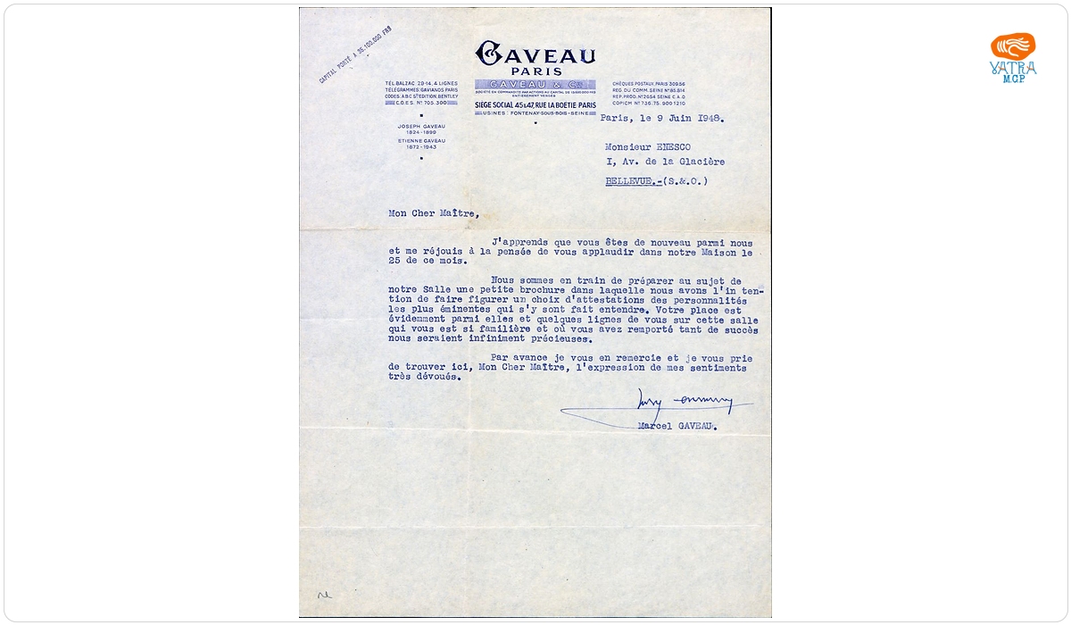 Scrisoare adresată compozitorului George Enescu de către Marcel Gaveau, proprietarul unei societăți care realiza piane și clavecine, Paris, 9 iunie 1948