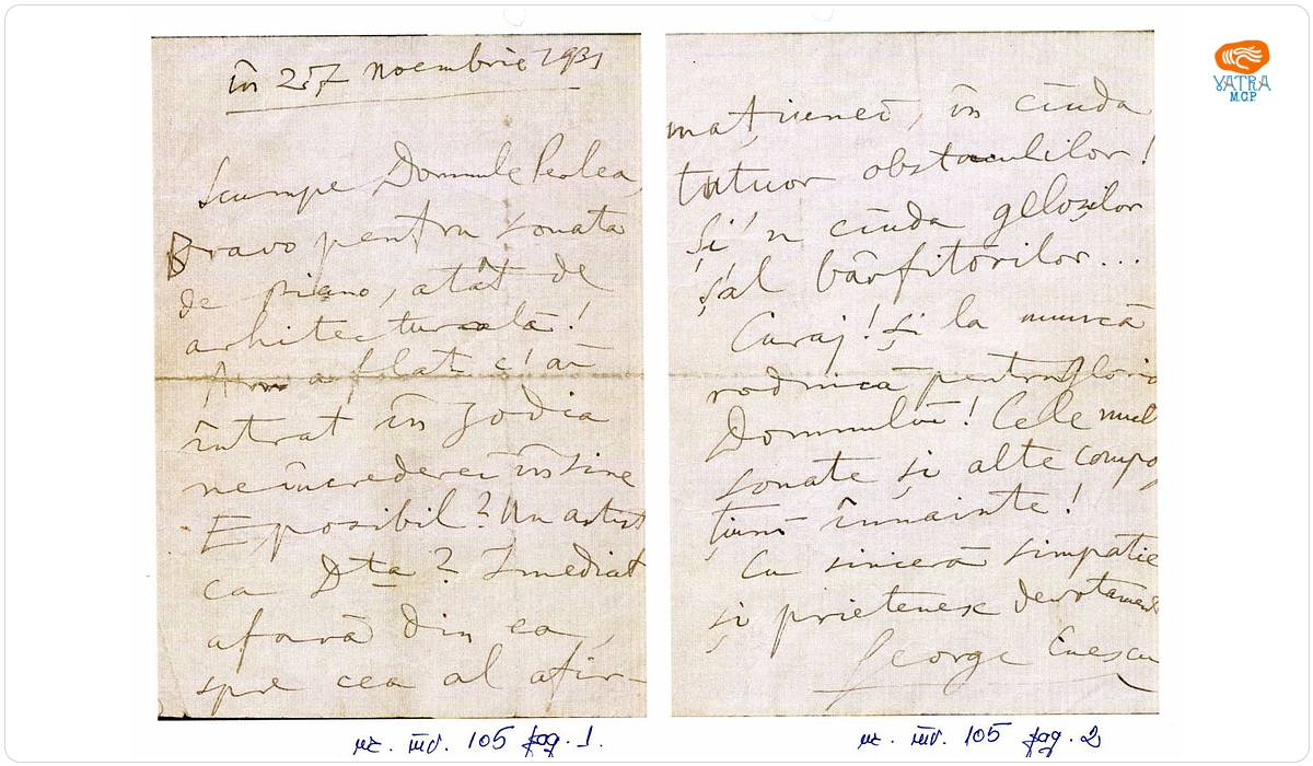 Scrisoare trimisă de George Enescu lui Ionel Perlea