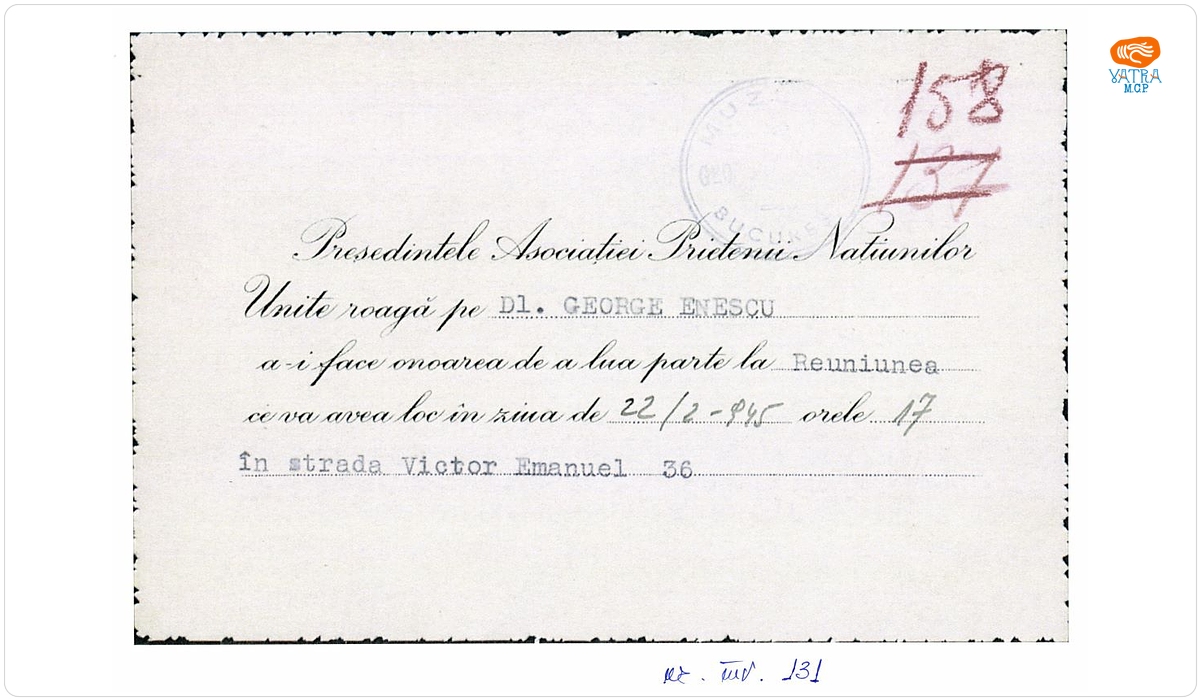 Invitație adresată maestrului George Enescu de Președintele Asociației Prietenii „Națiunilor Unite” (din România)