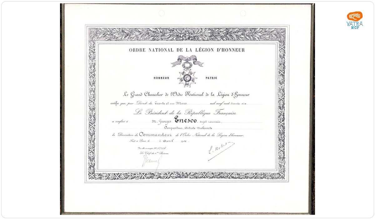 Brevet prin care Președintele Republicii Franceze conferă lui George Enescu Ordinul Național al „Legiunii de Onoare” în grad de Comandor