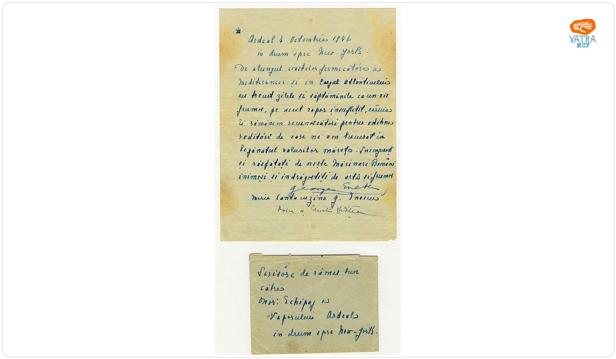 Manuscris cuprinzând un mesaj de bun rămas scris de Maria Cantacuzino Enescu către echipajul vaporului „Ardealul”
