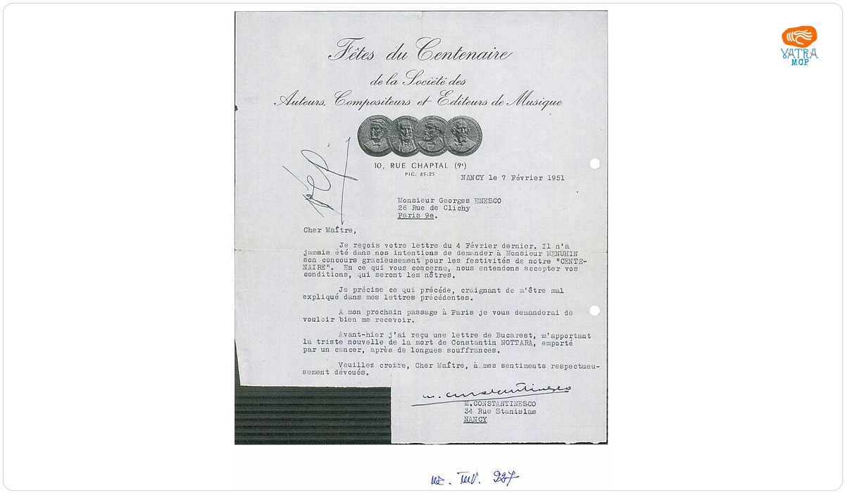 Scrisoare trimisă de Mihai Constantinescu lui George Enescu