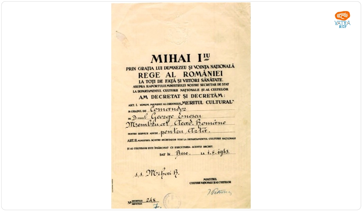 Brevet prin care regele Mihai numește membru al Ordinului „Meritul Cultural” în grad de Comandor pe George Enescu