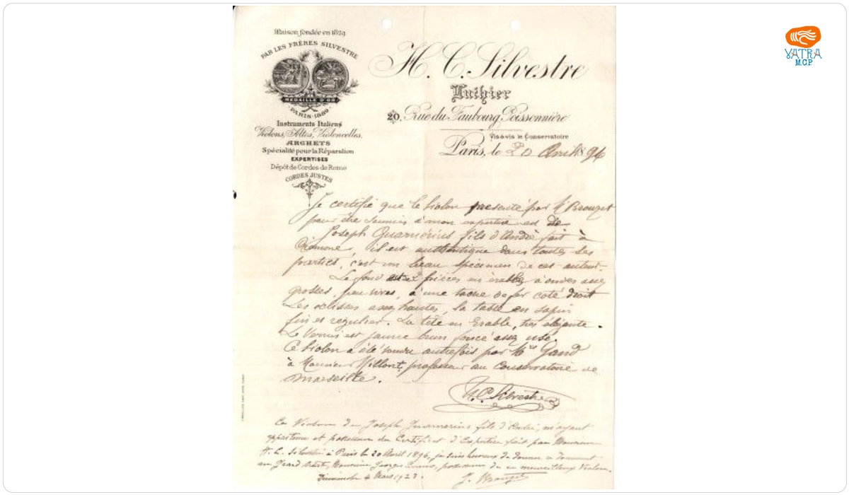 Certificat de autenticitate pentru o vioară Guarnieri del Gesu, care a aparținut lui George Enescu