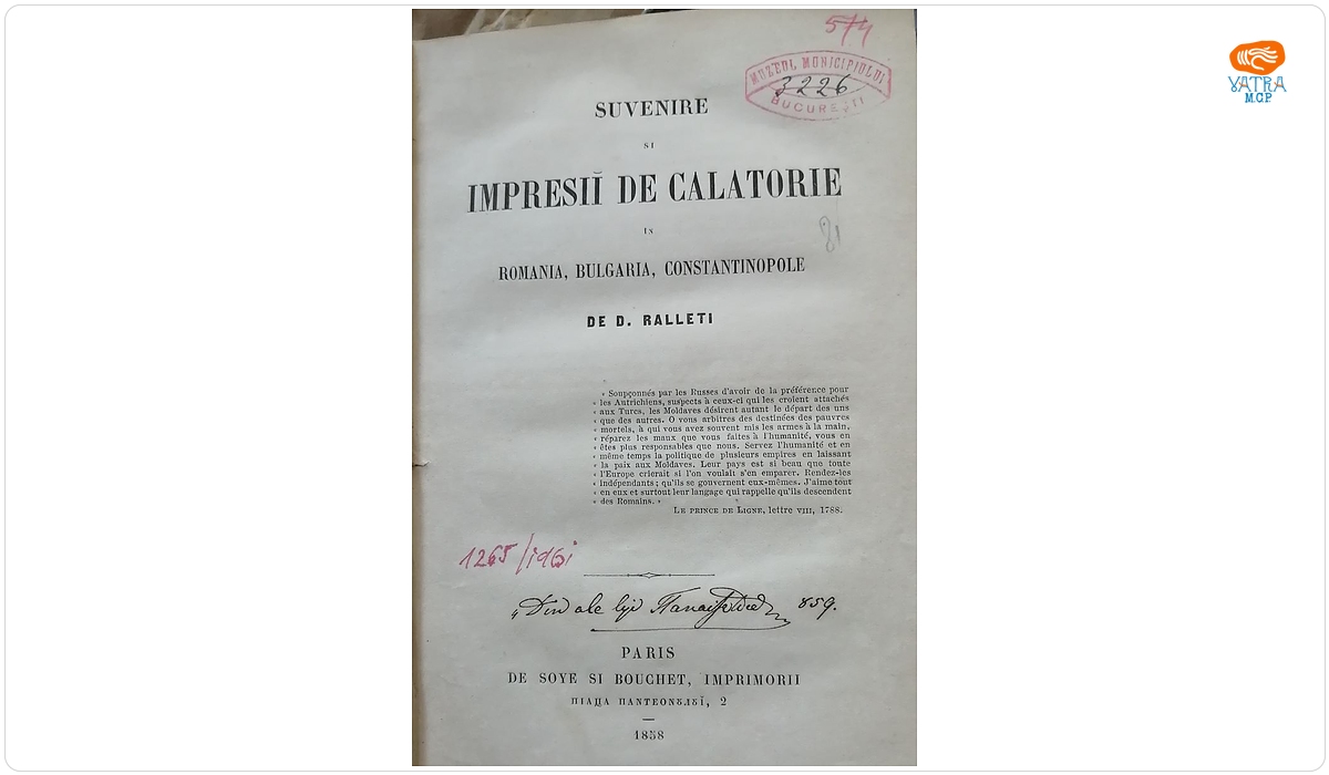 Dimitrie Ralleti — Suvenire și impresii de călătorie: în România, Bulgaria, Constantinopole